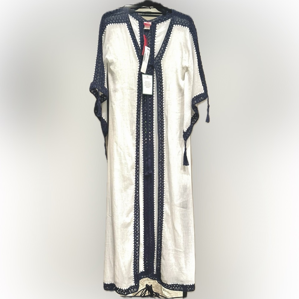 Anna Kosturova Cover Up Ivory with Navy Crochet Trim and Tassels